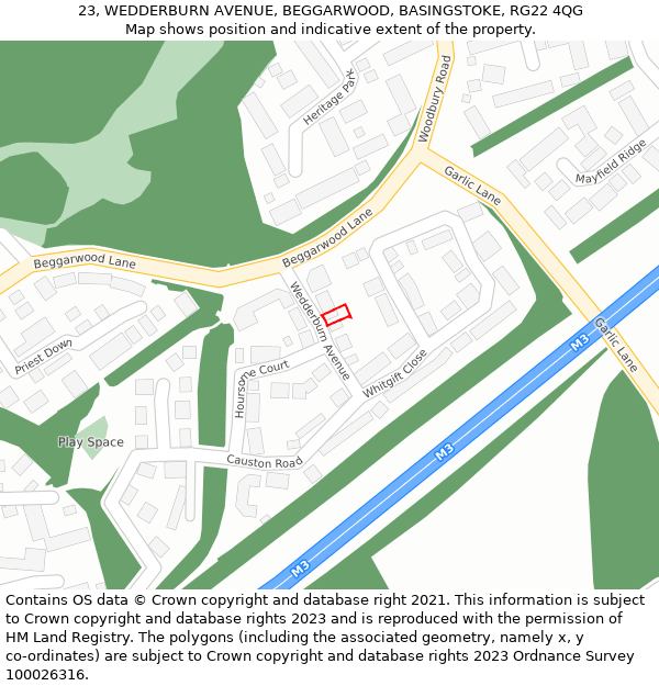 23, WEDDERBURN AVENUE, BEGGARWOOD, BASINGSTOKE, RG22 4QG: Location map and indicative extent of plot