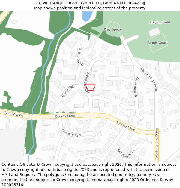 23, WILTSHIRE GROVE, WARFIELD, BRACKNELL, RG42 3JJ: Location map and indicative extent of plot