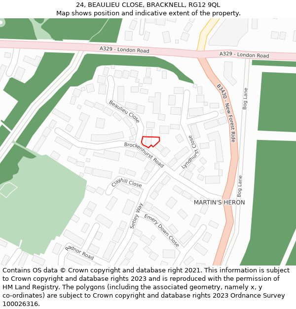 24, BEAULIEU CLOSE, BRACKNELL, RG12 9QL: Location map and indicative extent of plot