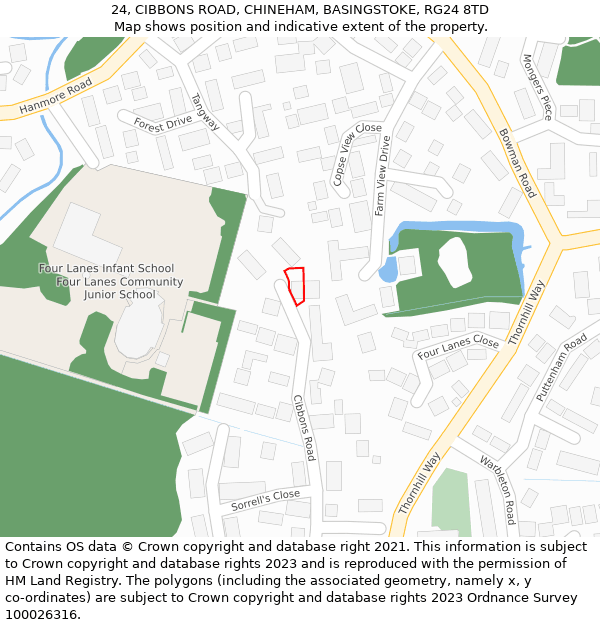 24, CIBBONS ROAD, CHINEHAM, BASINGSTOKE, RG24 8TD: Location map and indicative extent of plot