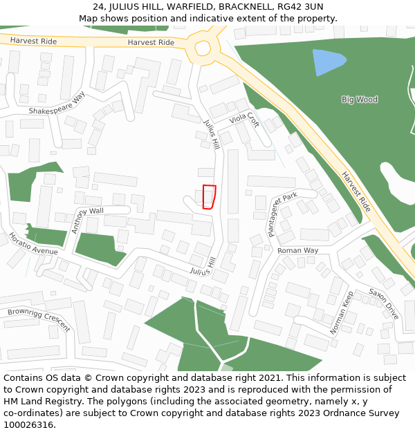 24, JULIUS HILL, WARFIELD, BRACKNELL, RG42 3UN: Location map and indicative extent of plot