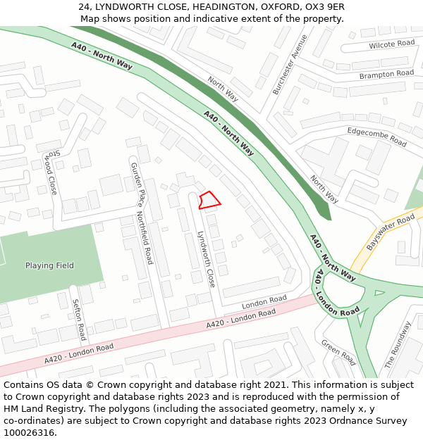 24, LYNDWORTH CLOSE, HEADINGTON, OXFORD, OX3 9ER: Location map and indicative extent of plot