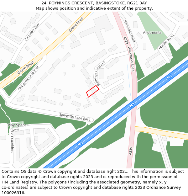 24, POYNINGS CRESCENT, BASINGSTOKE, RG21 3AY: Location map and indicative extent of plot