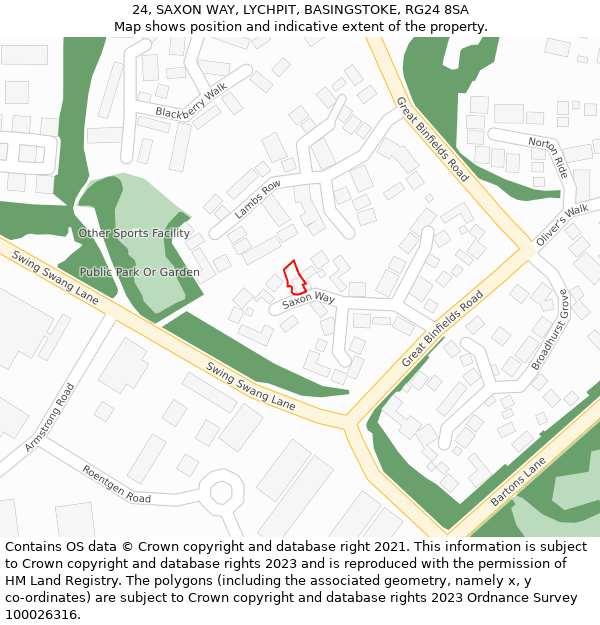 24, SAXON WAY, LYCHPIT, BASINGSTOKE, RG24 8SA: Location map and indicative extent of plot