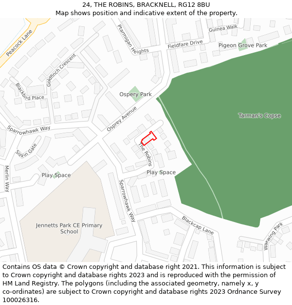 24, THE ROBINS, BRACKNELL, RG12 8BU: Location map and indicative extent of plot