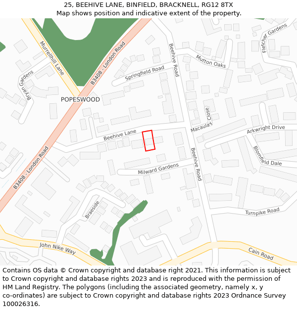 25, BEEHIVE LANE, BINFIELD, BRACKNELL, RG12 8TX: Location map and indicative extent of plot