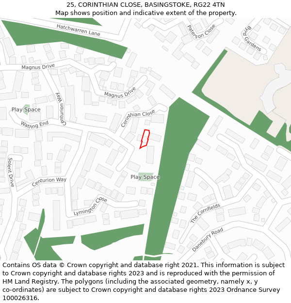 25, CORINTHIAN CLOSE, BASINGSTOKE, RG22 4TN: Location map and indicative extent of plot