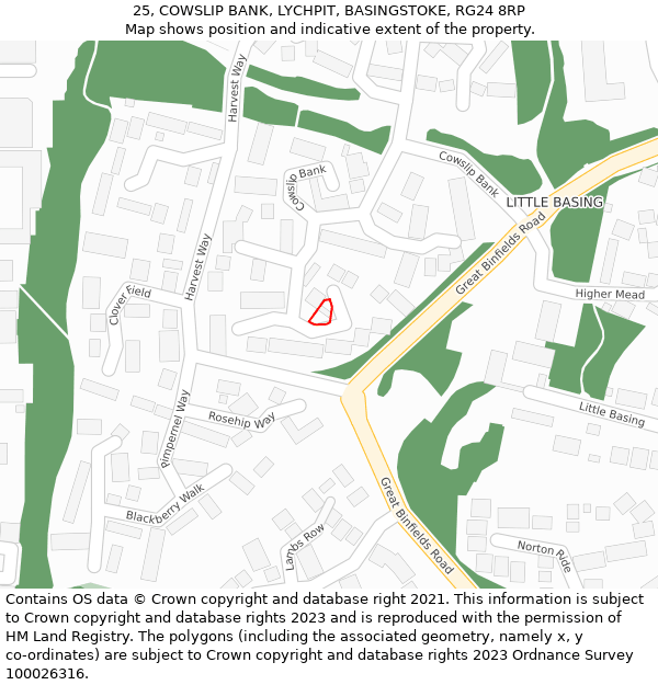 25, COWSLIP BANK, LYCHPIT, BASINGSTOKE, RG24 8RP: Location map and indicative extent of plot