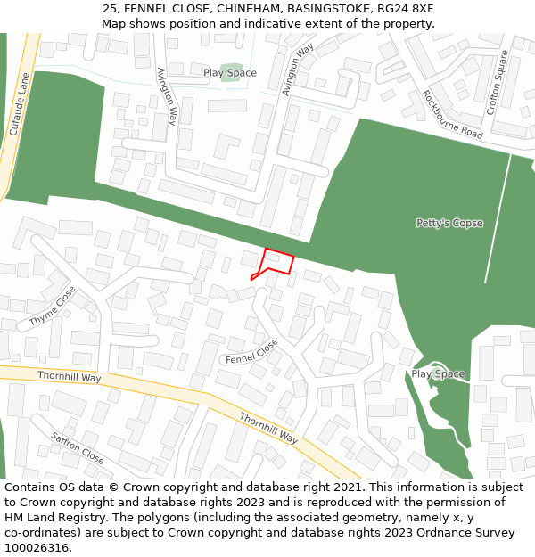 25, FENNEL CLOSE, CHINEHAM, BASINGSTOKE, RG24 8XF: Location map and indicative extent of plot