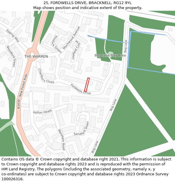 25, FORDWELLS DRIVE, BRACKNELL, RG12 9YL: Location map and indicative extent of plot