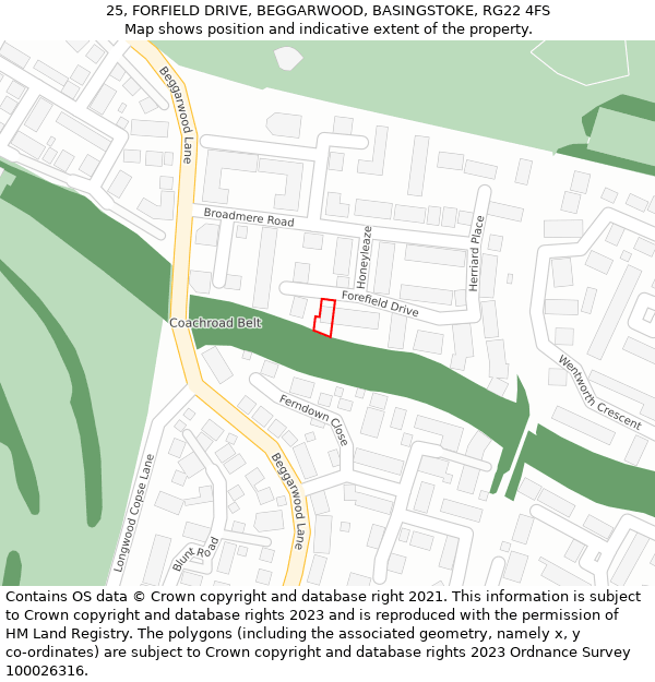 25, FORFIELD DRIVE, BEGGARWOOD, BASINGSTOKE, RG22 4FS: Location map and indicative extent of plot