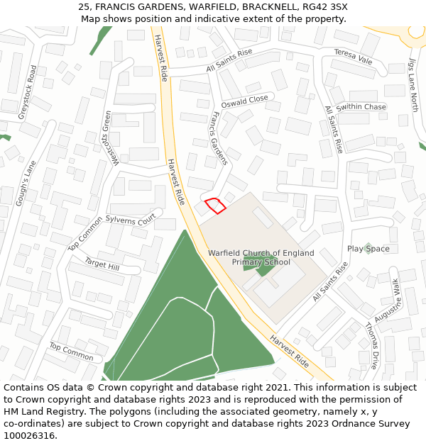 25, FRANCIS GARDENS, WARFIELD, BRACKNELL, RG42 3SX: Location map and indicative extent of plot