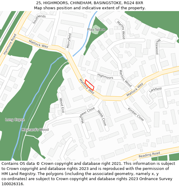 25, HIGHMOORS, CHINEHAM, BASINGSTOKE, RG24 8XR: Location map and indicative extent of plot