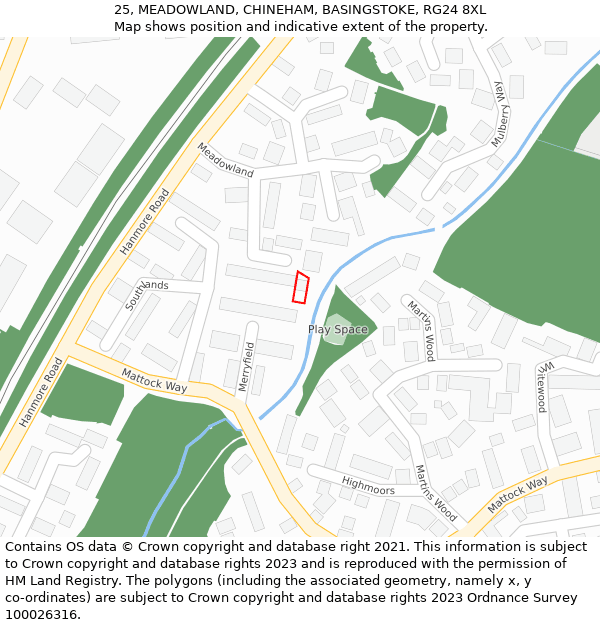 25, MEADOWLAND, CHINEHAM, BASINGSTOKE, RG24 8XL: Location map and indicative extent of plot