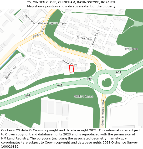 25, MINDEN CLOSE, CHINEHAM, BASINGSTOKE, RG24 8TH: Location map and indicative extent of plot