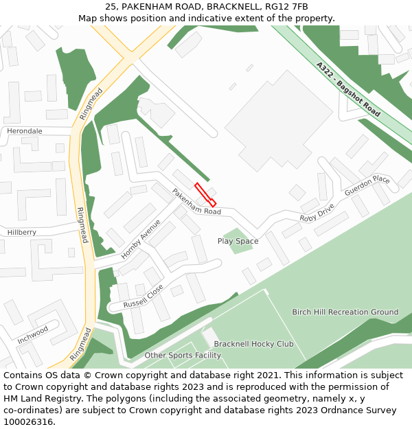 25, PAKENHAM ROAD, BRACKNELL, RG12 7FB: Location map and indicative extent of plot