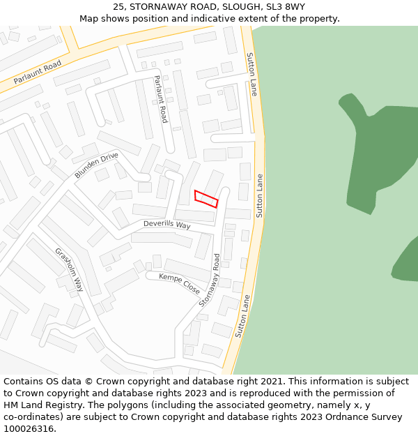 25, STORNAWAY ROAD, SLOUGH, SL3 8WY: Location map and indicative extent of plot