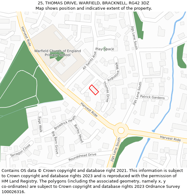 25, THOMAS DRIVE, WARFIELD, BRACKNELL, RG42 3DZ: Location map and indicative extent of plot