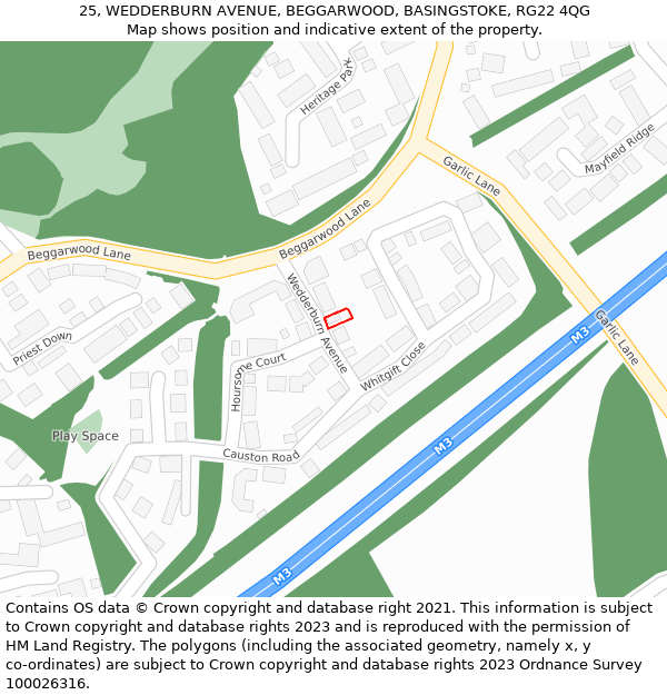 25, WEDDERBURN AVENUE, BEGGARWOOD, BASINGSTOKE, RG22 4QG: Location map and indicative extent of plot