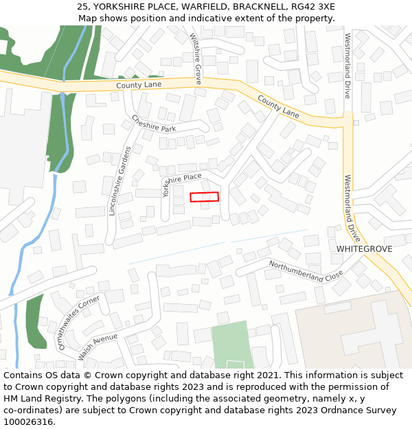 25, YORKSHIRE PLACE, WARFIELD, BRACKNELL, RG42 3XE: Location map and indicative extent of plot