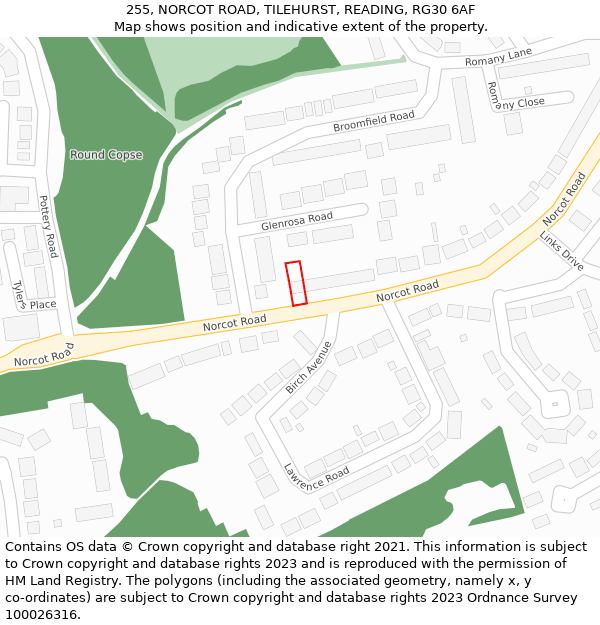 255, NORCOT ROAD, TILEHURST, READING, RG30 6AF: Location map and indicative extent of plot
