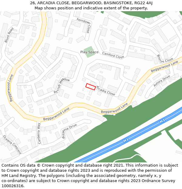 26, ARCADIA CLOSE, BEGGARWOOD, BASINGSTOKE, RG22 4AJ: Location map and indicative extent of plot