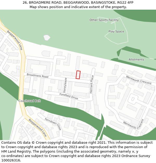 26, BROADMERE ROAD, BEGGARWOOD, BASINGSTOKE, RG22 4FP: Location map and indicative extent of plot