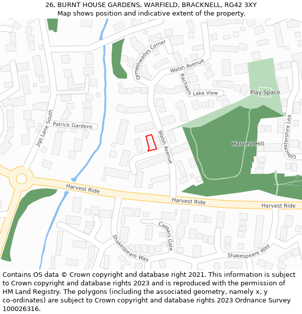 26, BURNT HOUSE GARDENS, WARFIELD, BRACKNELL, RG42 3XY: Location map and indicative extent of plot