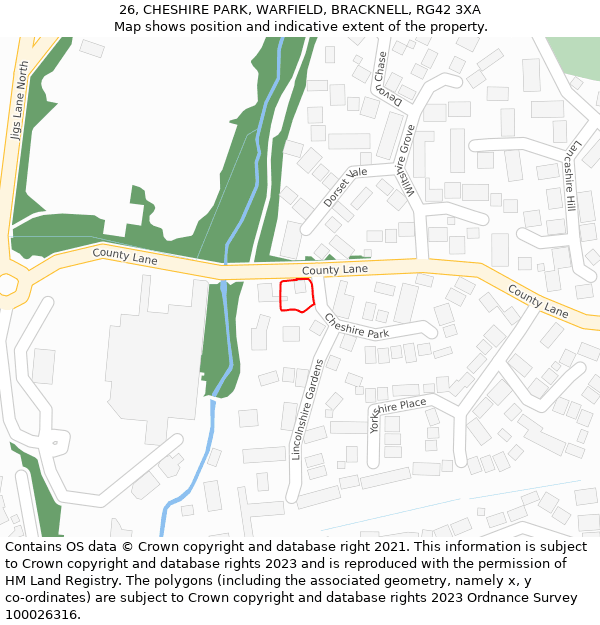 26, CHESHIRE PARK, WARFIELD, BRACKNELL, RG42 3XA: Location map and indicative extent of plot