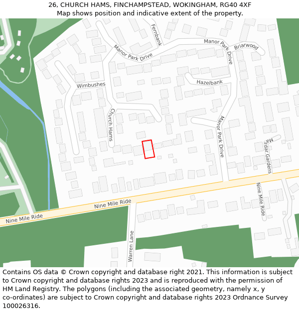 26, CHURCH HAMS, FINCHAMPSTEAD, WOKINGHAM, RG40 4XF: Location map and indicative extent of plot