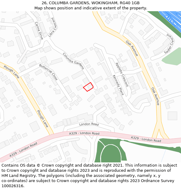 26, COLUMBA GARDENS, WOKINGHAM, RG40 1GB: Location map and indicative extent of plot