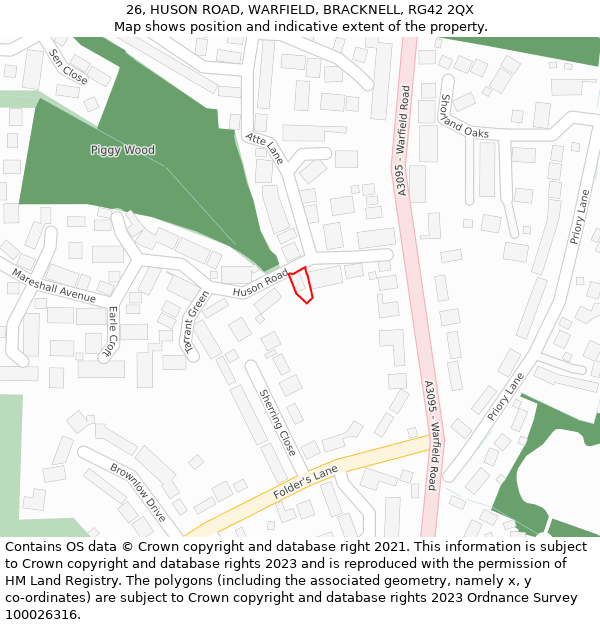 26, HUSON ROAD, WARFIELD, BRACKNELL, RG42 2QX: Location map and indicative extent of plot