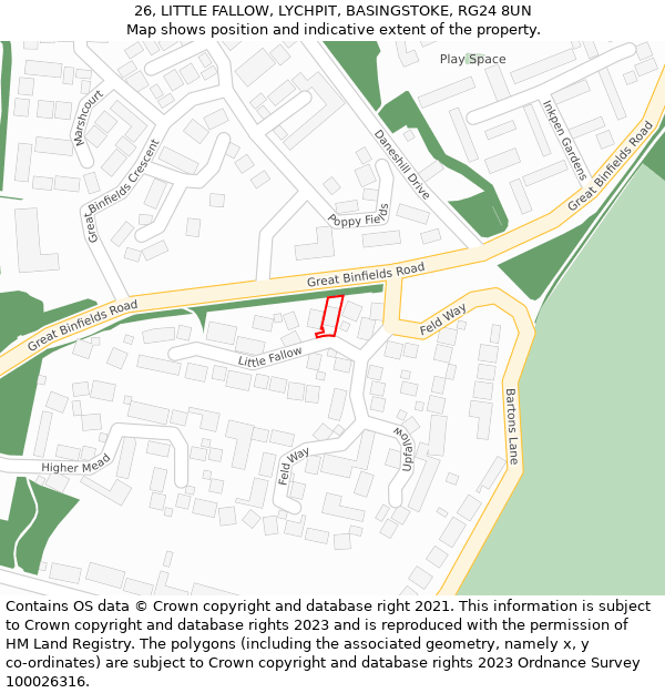 26, LITTLE FALLOW, LYCHPIT, BASINGSTOKE, RG24 8UN: Location map and indicative extent of plot