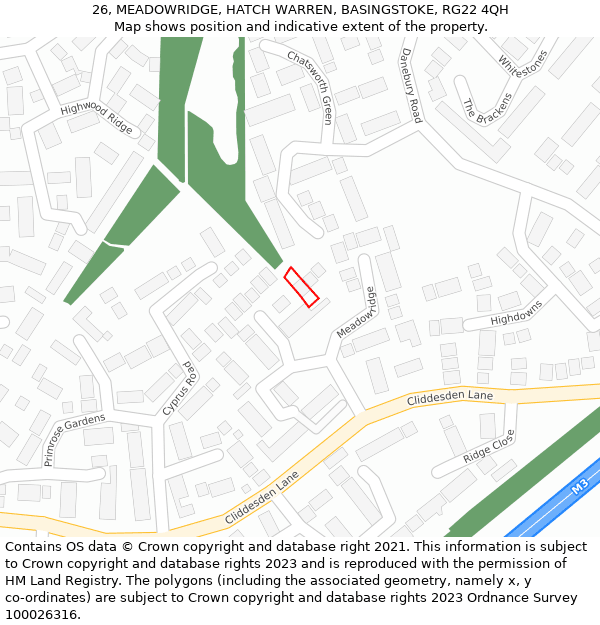 26, MEADOWRIDGE, HATCH WARREN, BASINGSTOKE, RG22 4QH: Location map and indicative extent of plot