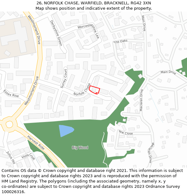 26, NORFOLK CHASE, WARFIELD, BRACKNELL, RG42 3XN: Location map and indicative extent of plot