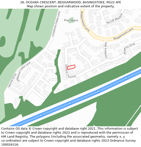 26, OCEANA CRESCENT, BEGGARWOOD, BASINGSTOKE, RG22 4FE: Location map and indicative extent of plot