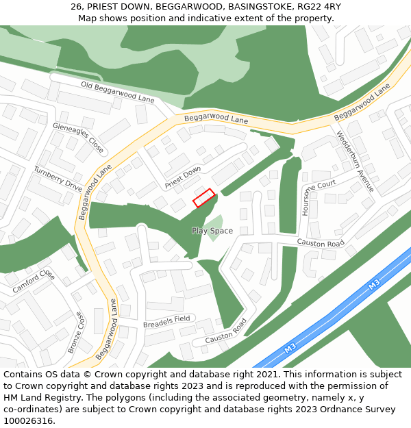 26, PRIEST DOWN, BEGGARWOOD, BASINGSTOKE, RG22 4RY: Location map and indicative extent of plot