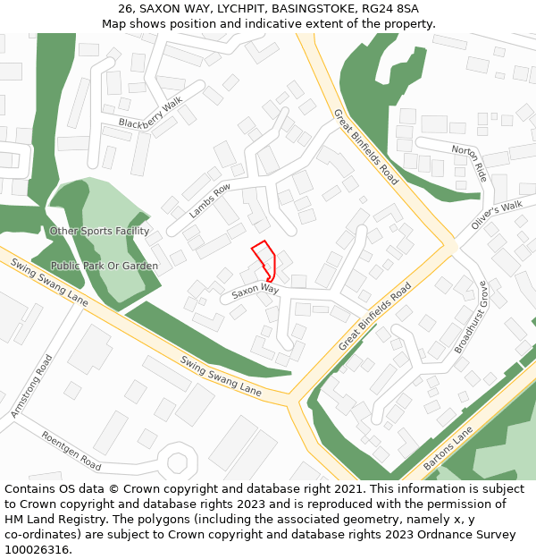 26, SAXON WAY, LYCHPIT, BASINGSTOKE, RG24 8SA: Location map and indicative extent of plot