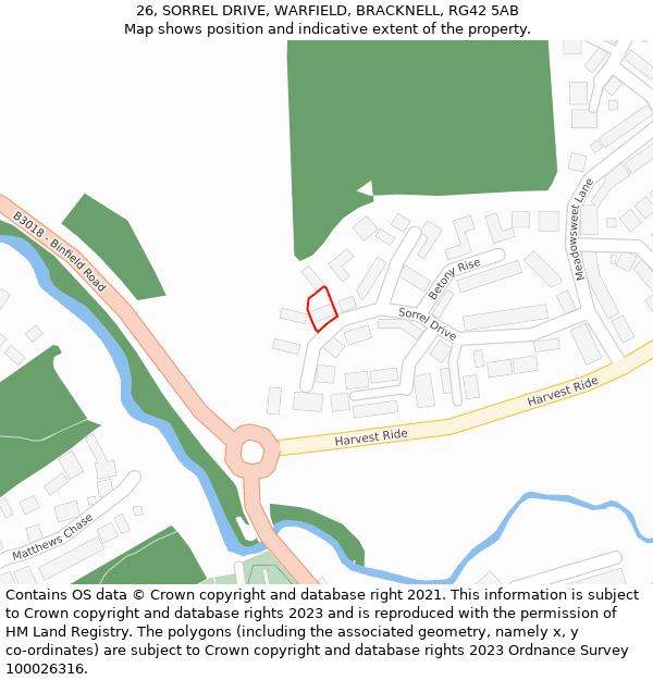 26, SORREL DRIVE, WARFIELD, BRACKNELL, RG42 5AB: Location map and indicative extent of plot