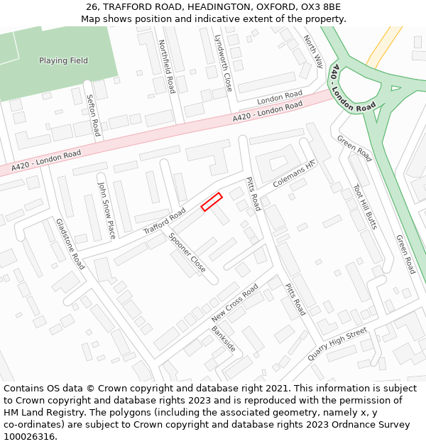 26, TRAFFORD ROAD, HEADINGTON, OXFORD, OX3 8BE: Location map and indicative extent of plot