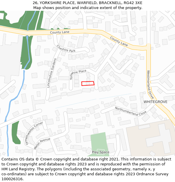 26, YORKSHIRE PLACE, WARFIELD, BRACKNELL, RG42 3XE: Location map and indicative extent of plot