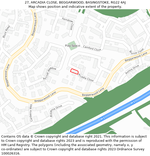 27, ARCADIA CLOSE, BEGGARWOOD, BASINGSTOKE, RG22 4AJ: Location map and indicative extent of plot