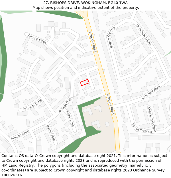 27, BISHOPS DRIVE, WOKINGHAM, RG40 1WA: Location map and indicative extent of plot