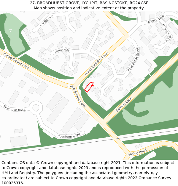 27, BROADHURST GROVE, LYCHPIT, BASINGSTOKE, RG24 8SB: Location map and indicative extent of plot