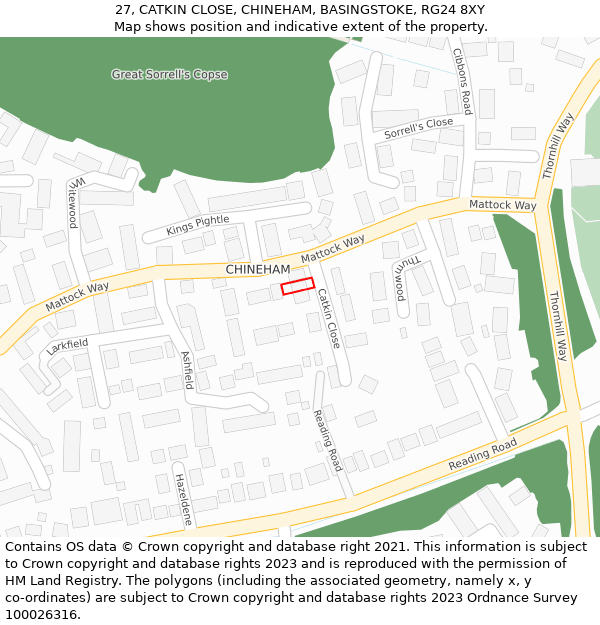 27, CATKIN CLOSE, CHINEHAM, BASINGSTOKE, RG24 8XY: Location map and indicative extent of plot