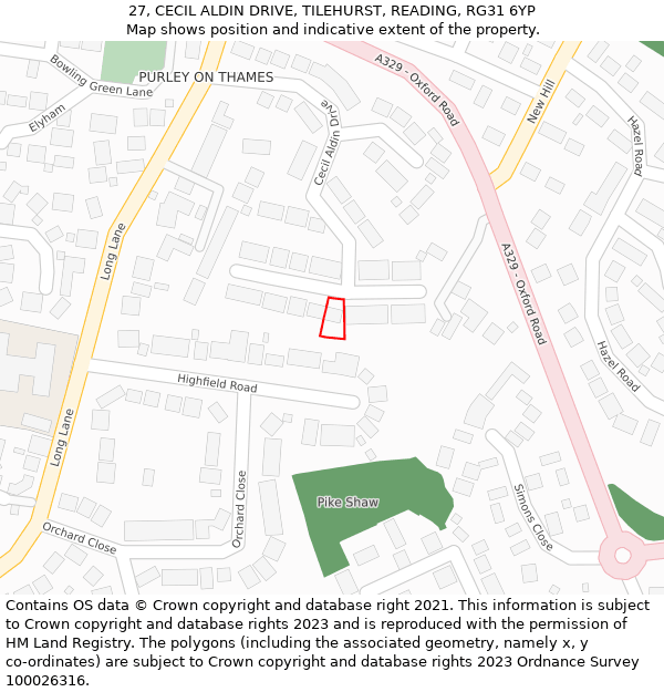 27, CECIL ALDIN DRIVE, TILEHURST, READING, RG31 6YP: Location map and indicative extent of plot