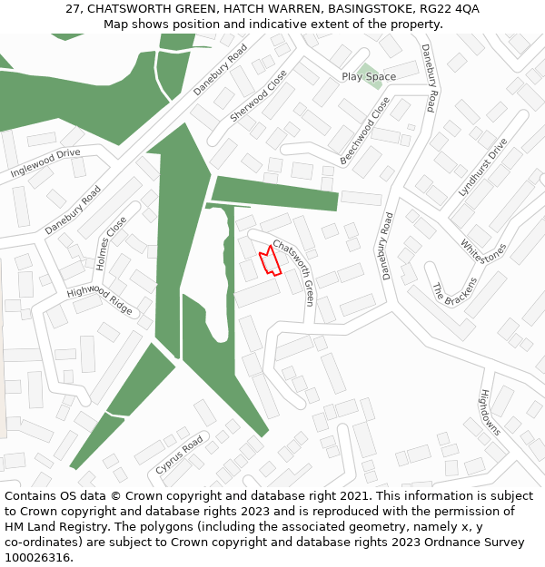 27, CHATSWORTH GREEN, HATCH WARREN, BASINGSTOKE, RG22 4QA: Location map and indicative extent of plot