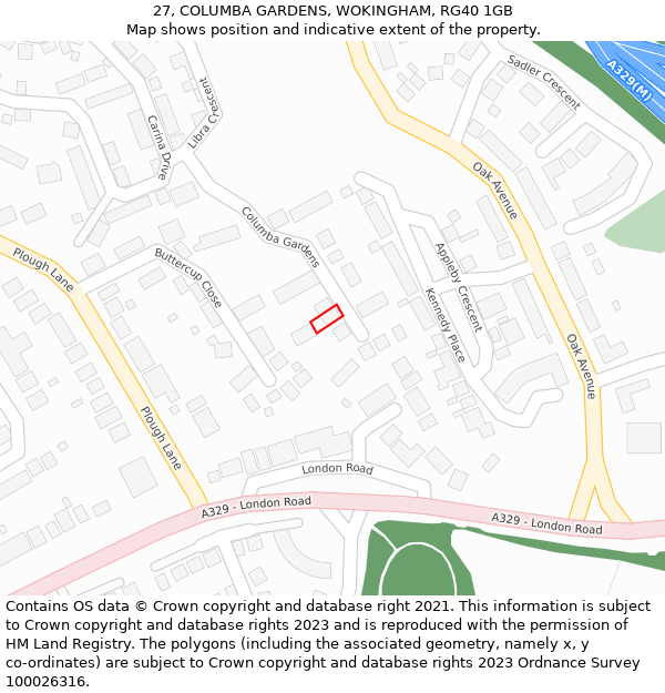 27, COLUMBA GARDENS, WOKINGHAM, RG40 1GB: Location map and indicative extent of plot