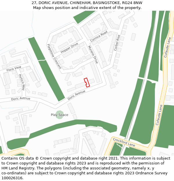 27, DORIC AVENUE, CHINEHAM, BASINGSTOKE, RG24 8NW: Location map and indicative extent of plot