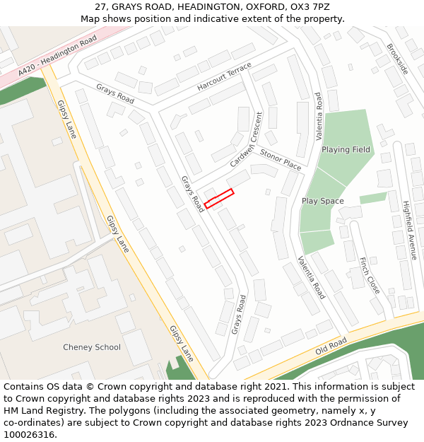 27, GRAYS ROAD, HEADINGTON, OXFORD, OX3 7PZ: Location map and indicative extent of plot